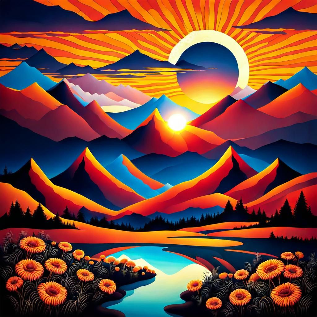 Surreal Sunrise Over Mountain Landscape
