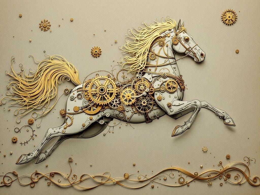 Victorian Mechanical Horse Ornament in Retro-Futurist Style