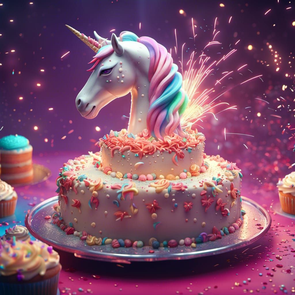Unicorn Baking Cake with Fireworks in Sci-Fi Style