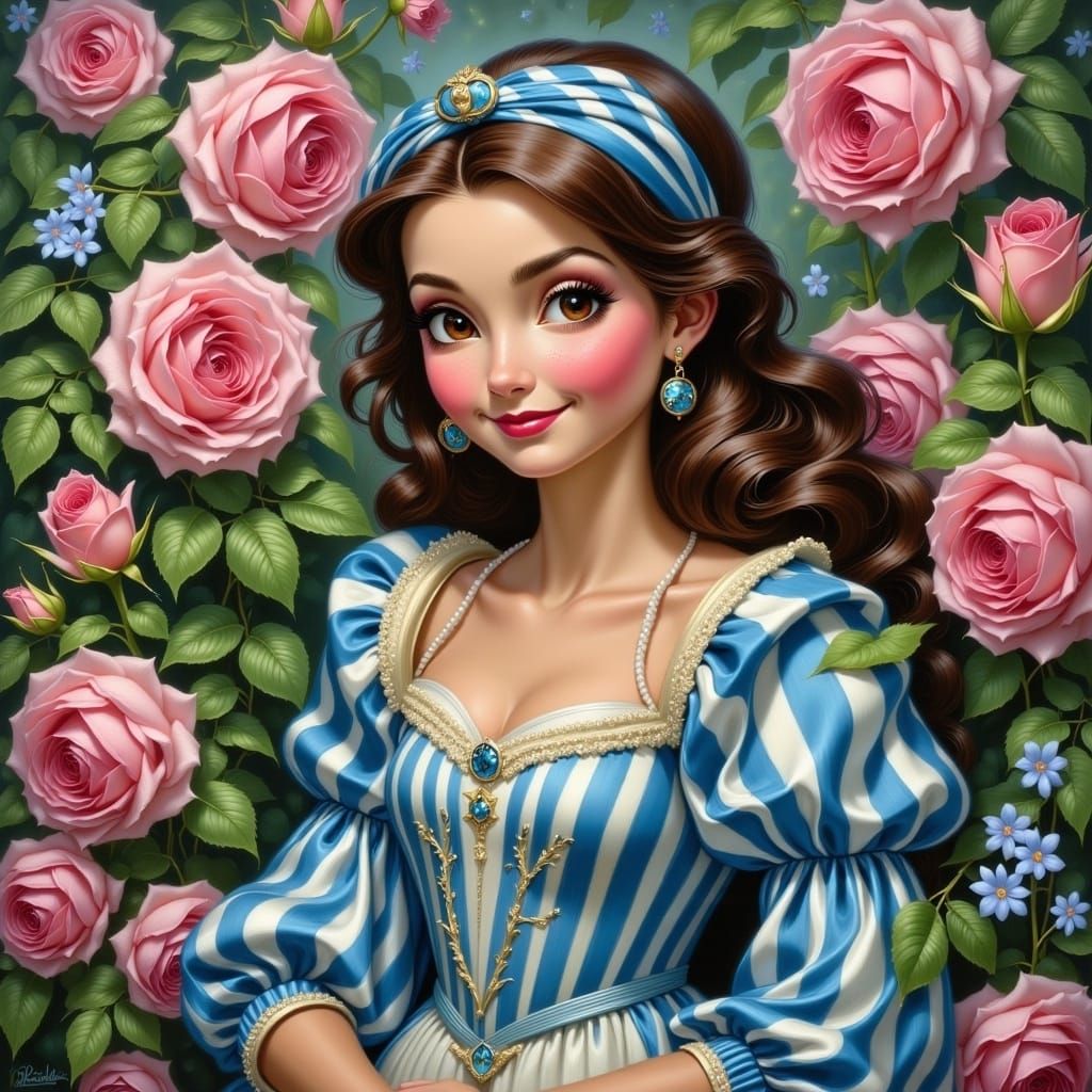 Smiling Jeweled Princess with Roses in Whimsical Style