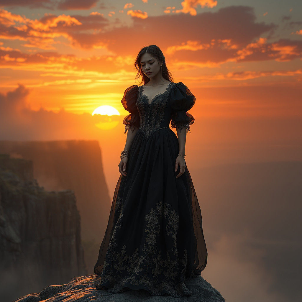 Woman in Black Dress Weeping at Sunset