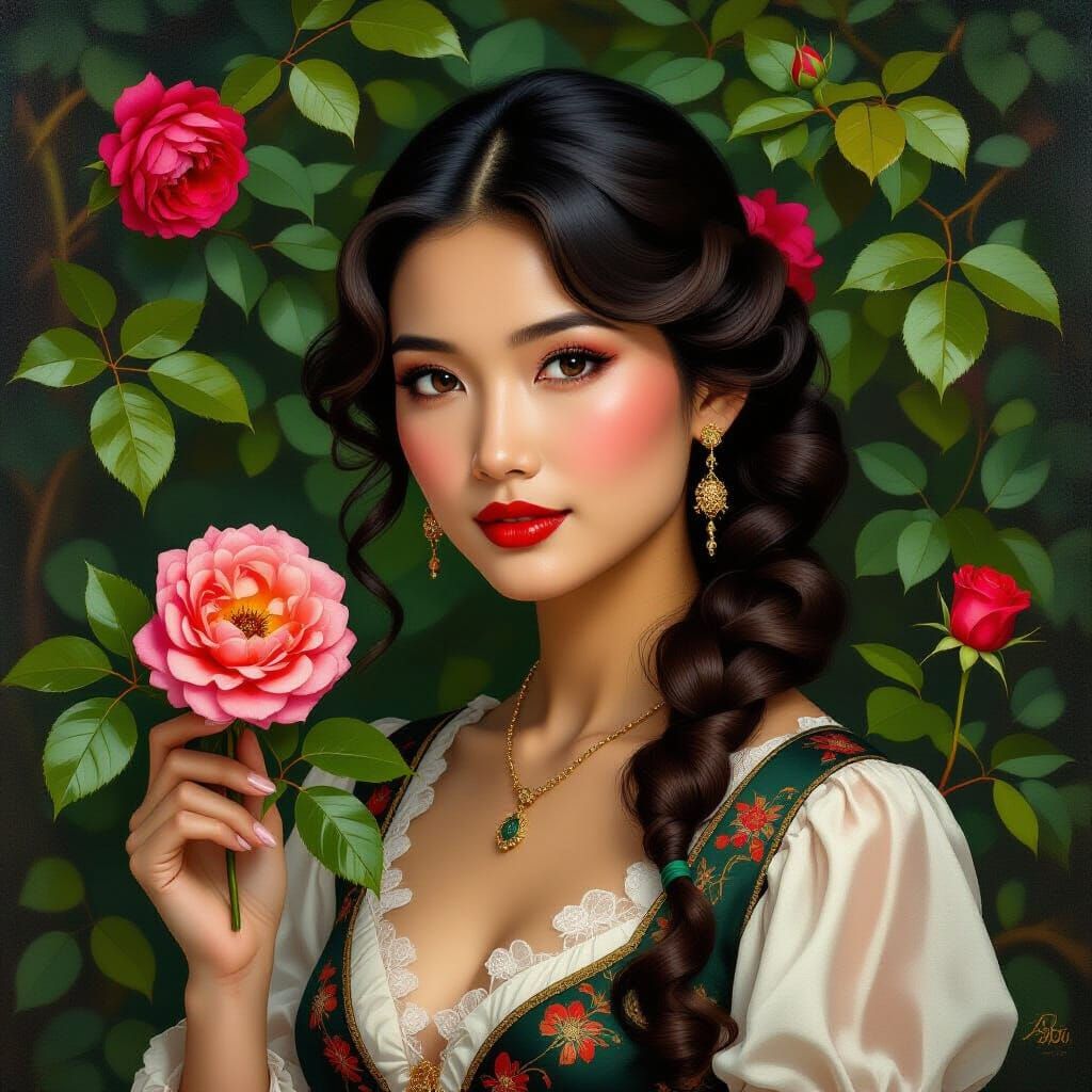 Thai Woman with Rose in Pre-Raphaelite Style