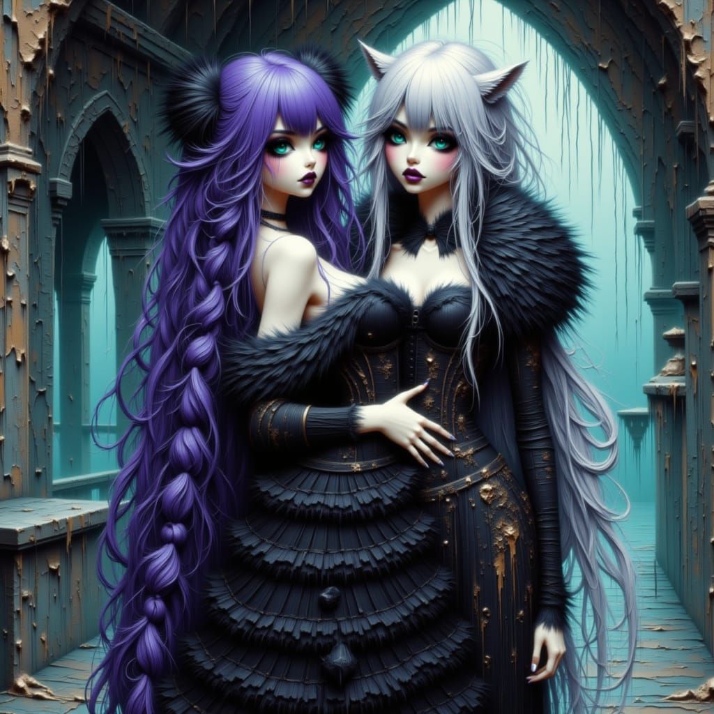 Anime Chibi Neko Couple in Gothic Ballroom