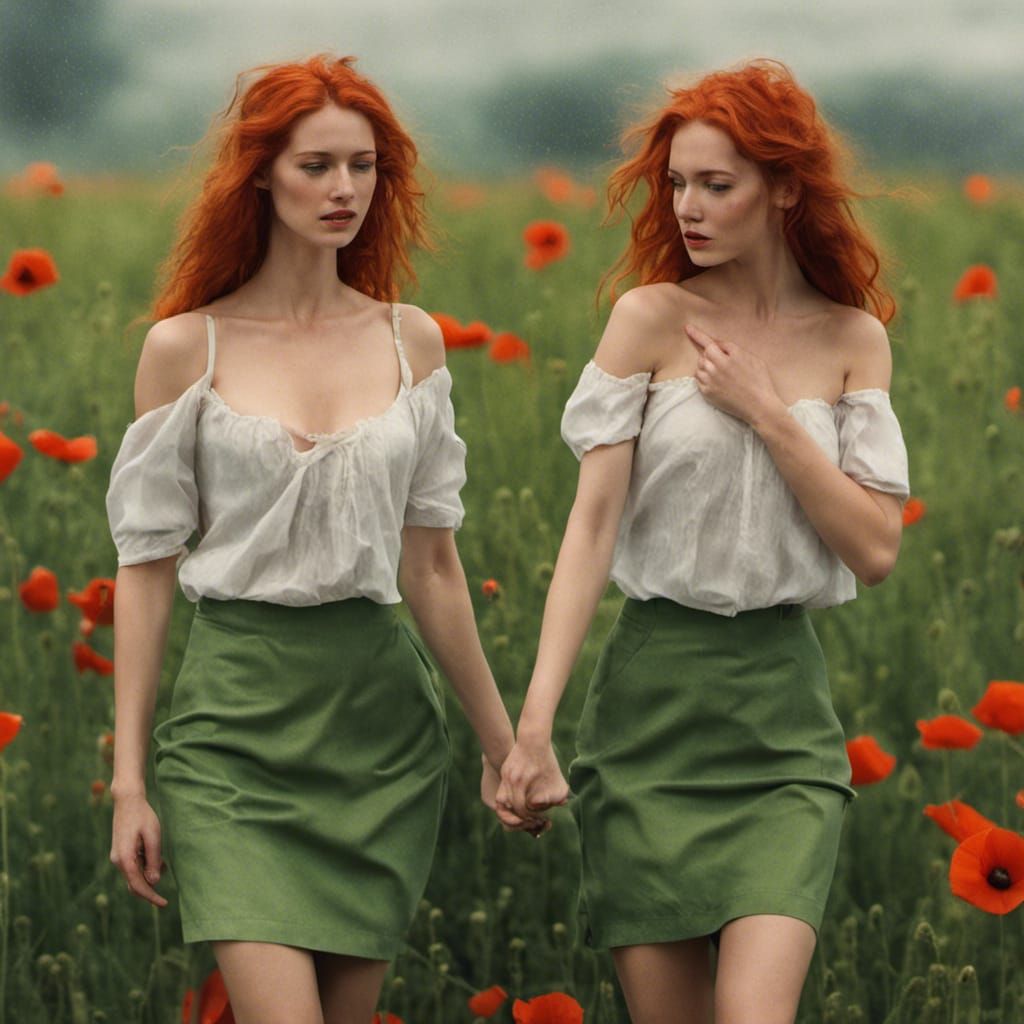 The twins walking in a field of poppies