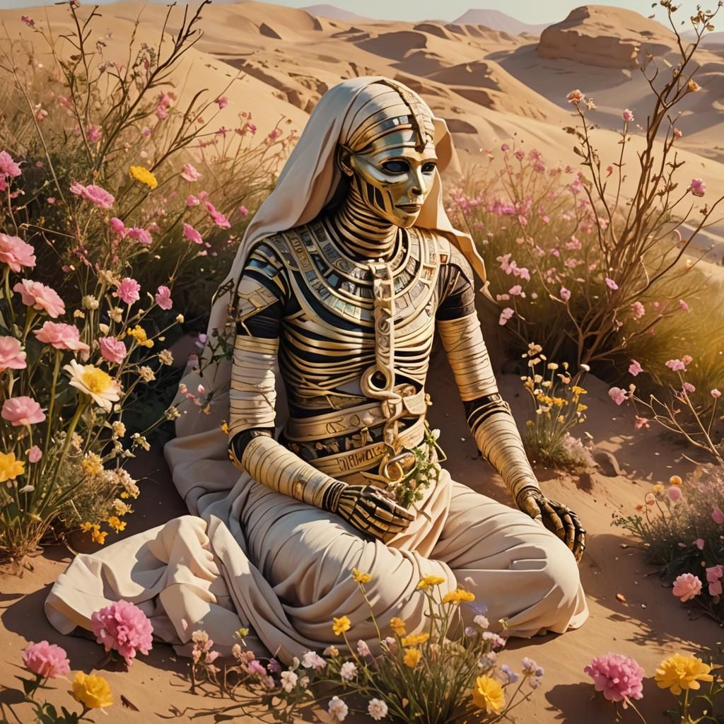 Surreal Egyptian Mummy on a Hill with Flowers