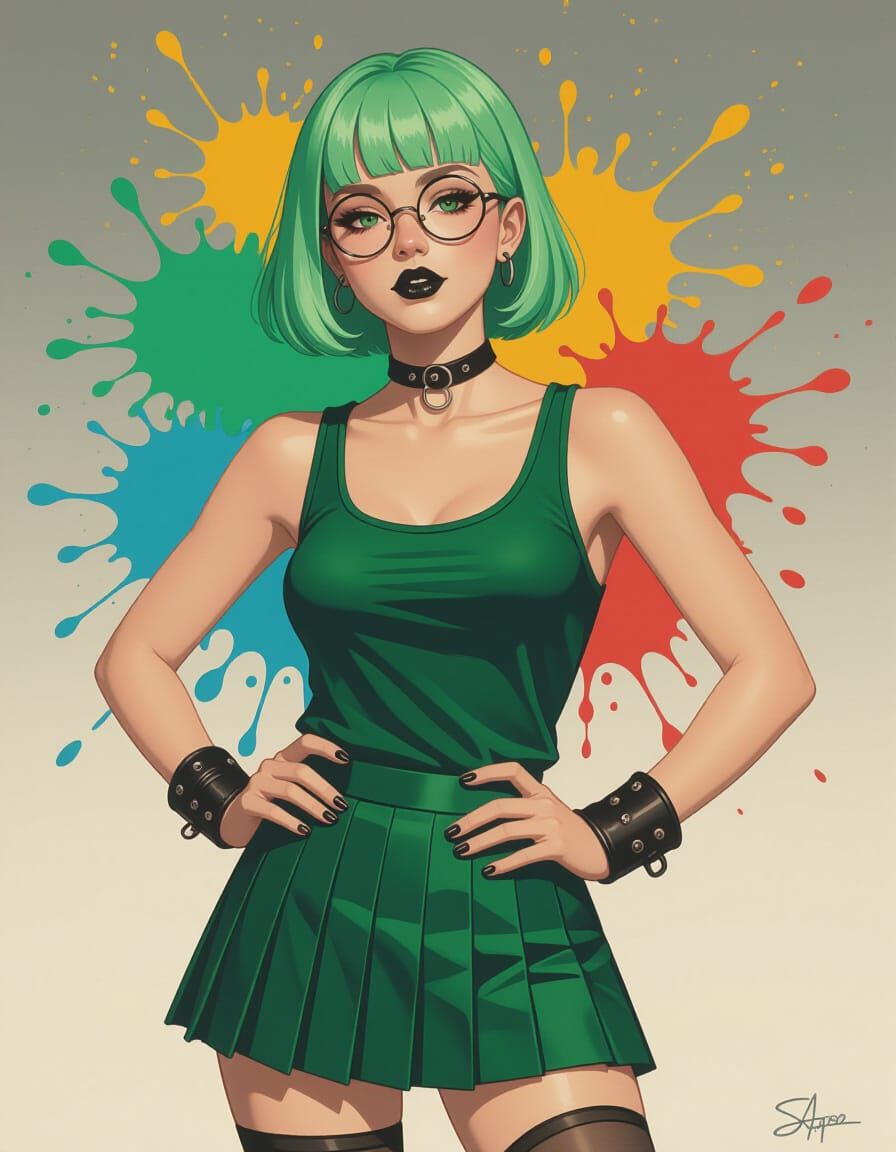 Hyperrealistic Airbrush Drawing of Green-Haired Girl