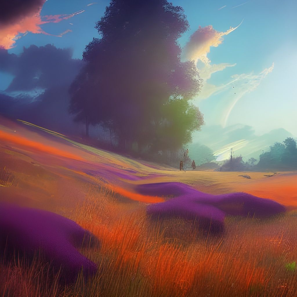 Lush Purple Meadow Under Orange Sky: Fantasy Art
