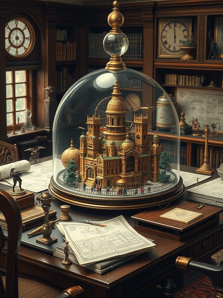 Miniature Steampunk City in Glass Dome, Vintage Illustration