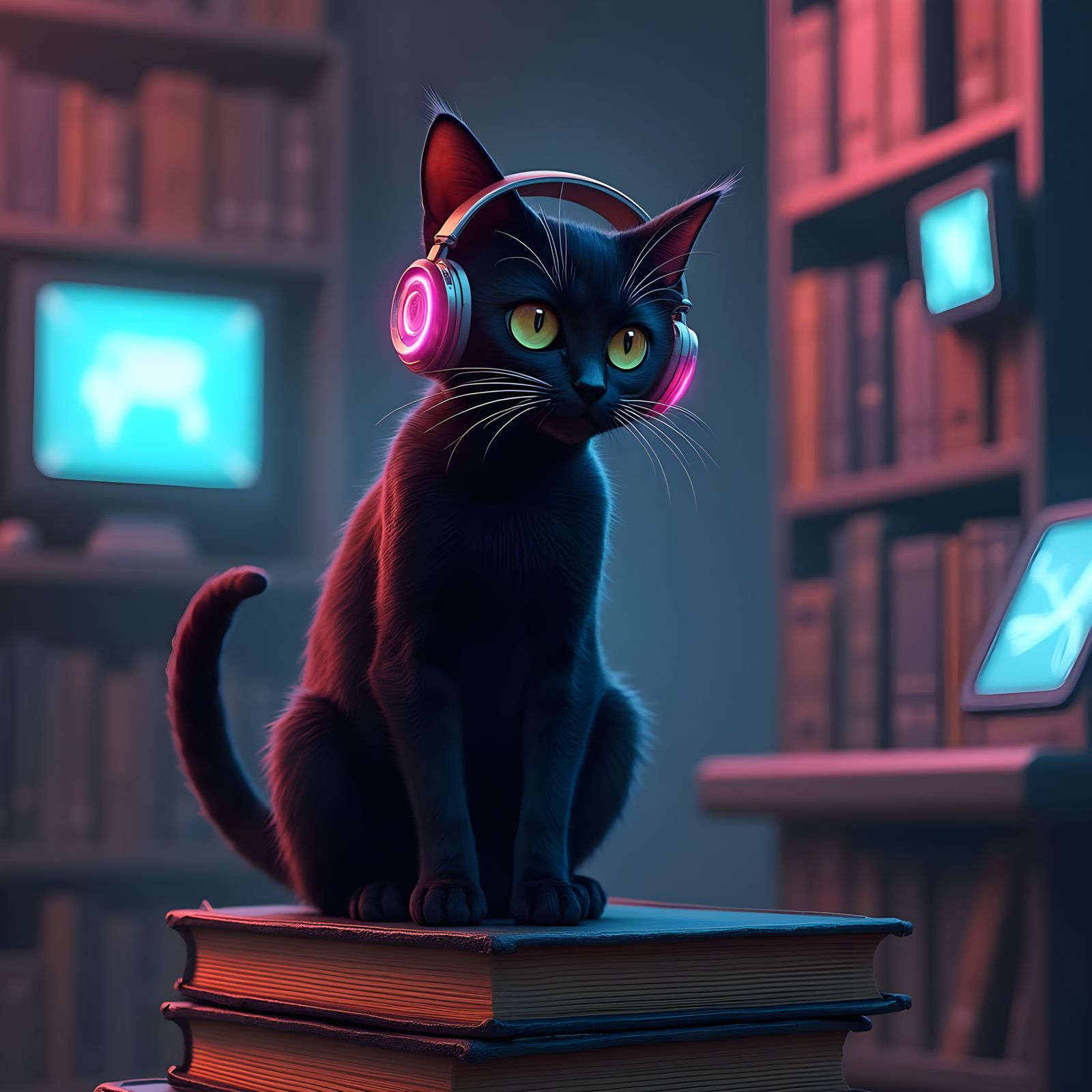 Cyberpunk Cat in Futuristic Library