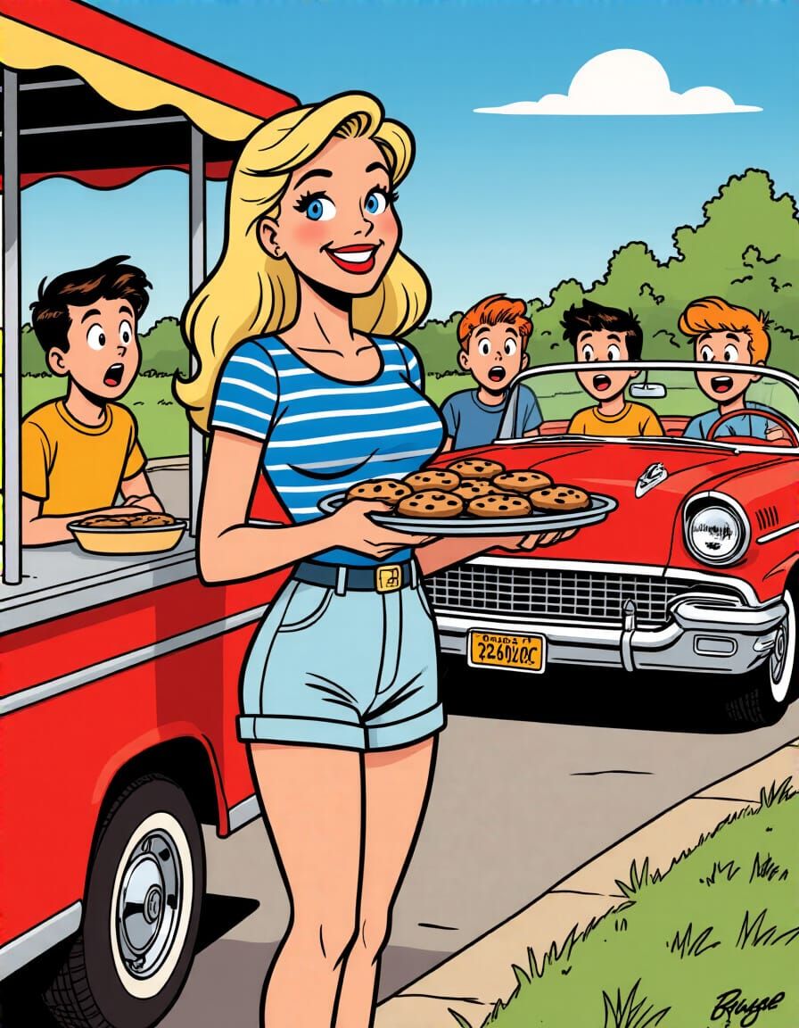 Classic Americana Comic Scene with Smiling Woman
