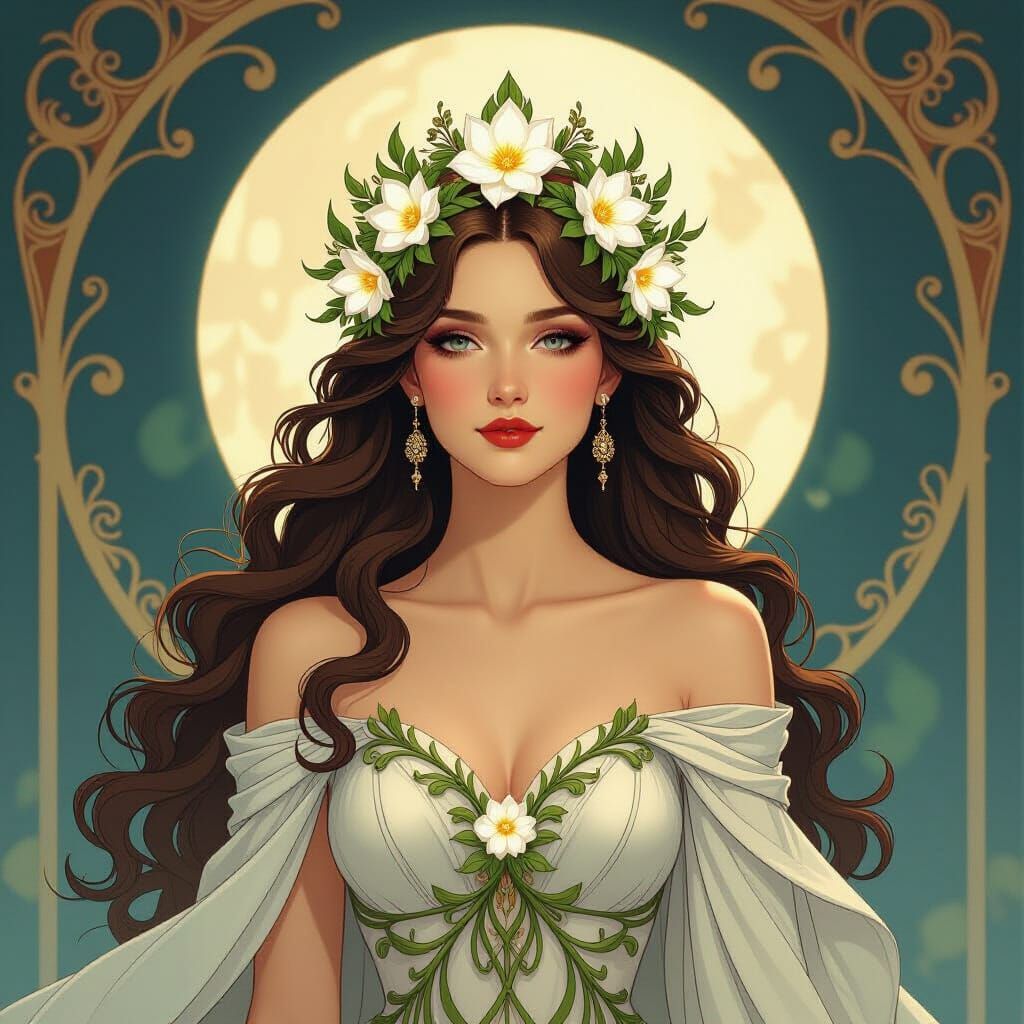 Art Nouveau Queen with Floral Crown in Moonlit Glow