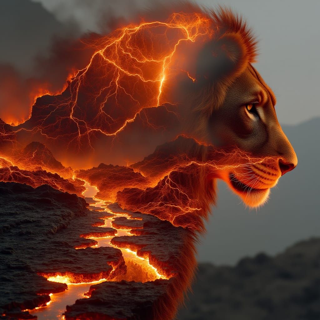 Lion Silhouette Double Exposure with Molten Lava