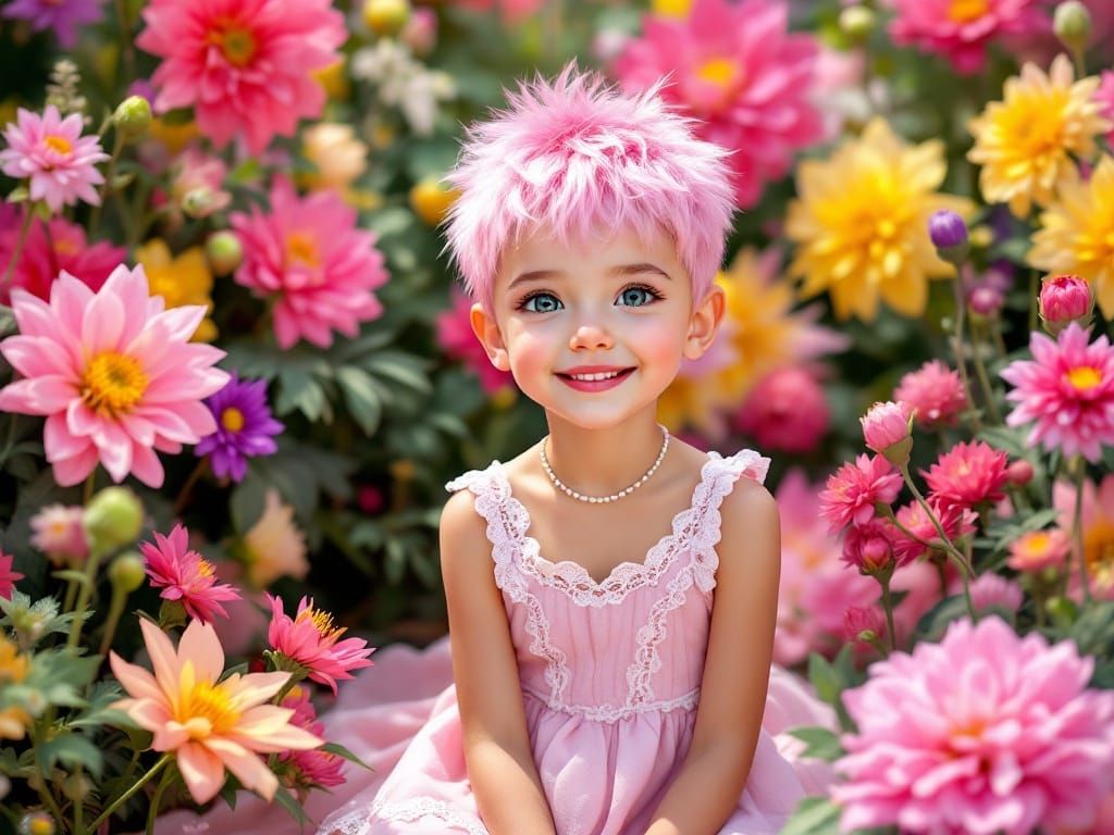 Vibrant Girl Surrounded by Whimsical Dahlias in Neon Pink Ha...