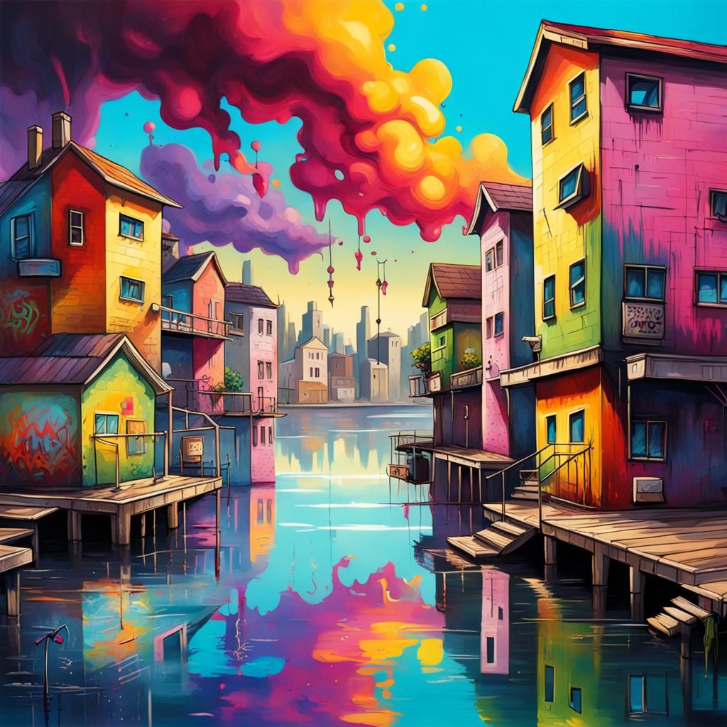 Lake Town in Graffiti Splash Art Style