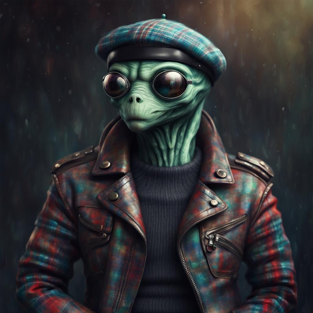 Hipster Alien in Beret Impasto Mixed Media