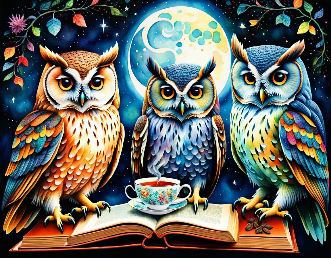 Magical Owl Family Tea Party in Pointillism