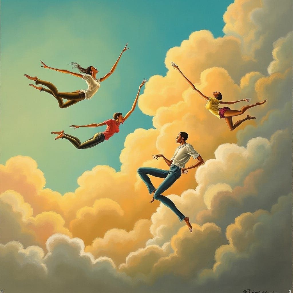 People Soaring Through a Golden Sky
