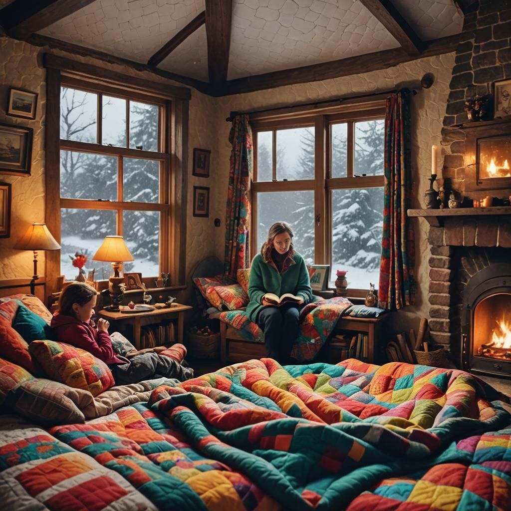 Cozy Cottage Scene: Mother and Daughter Reading