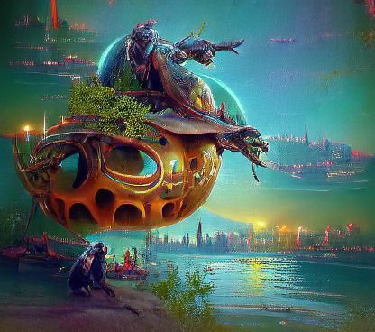 Turtle Spaceship with Forest in Biopunk Style