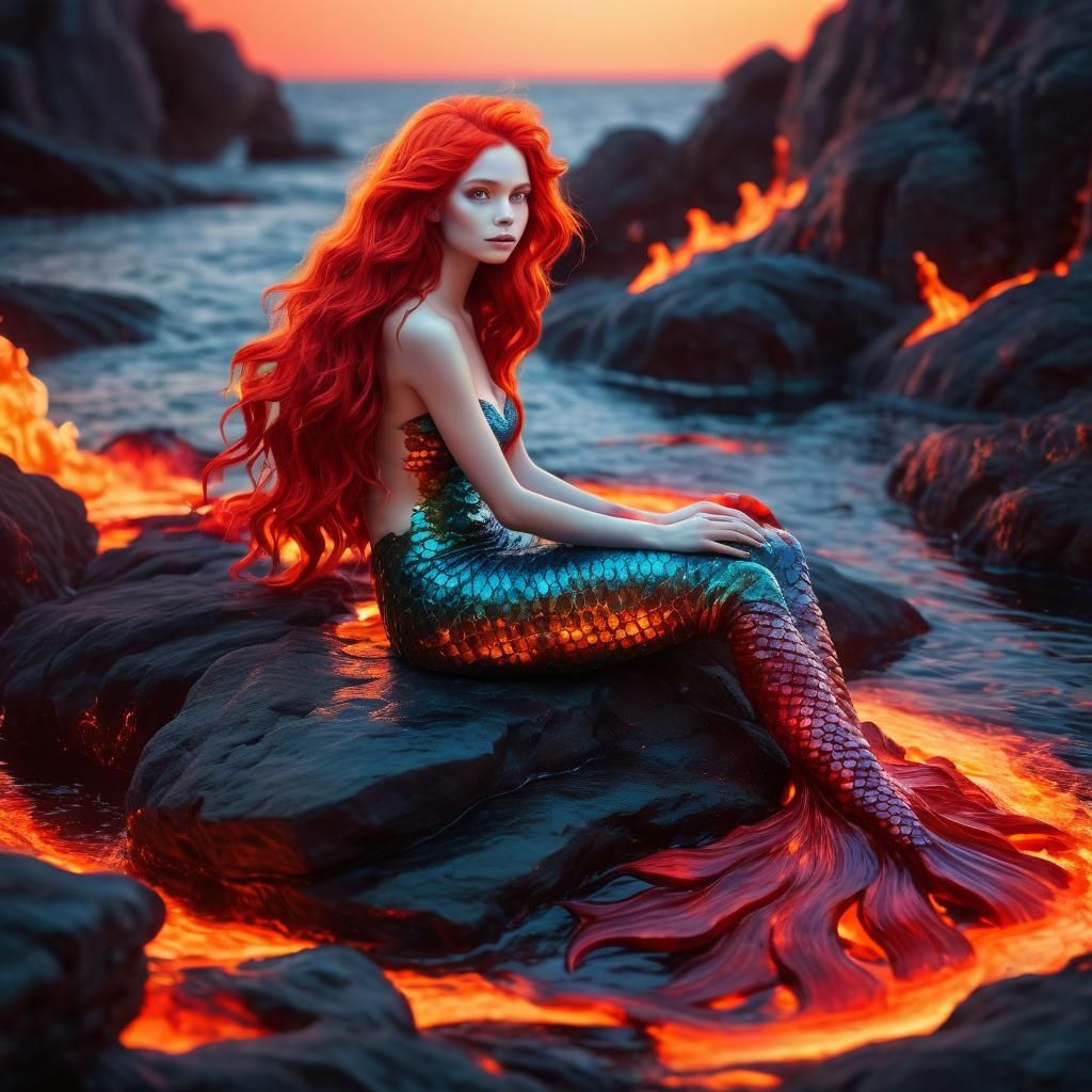 Lava Mermaid on a Rock in Hyperrealistic Airbrush Art