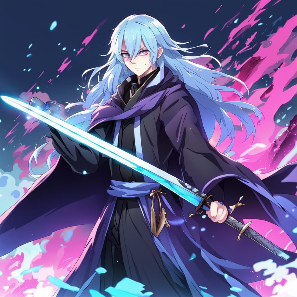 Anime King with Ice Sword in Manga Style