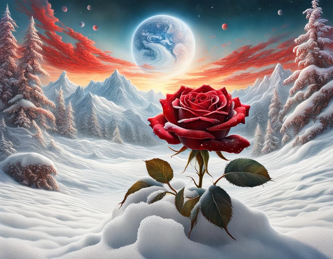 Red Rose in Snow: Galaxy Double Exposure