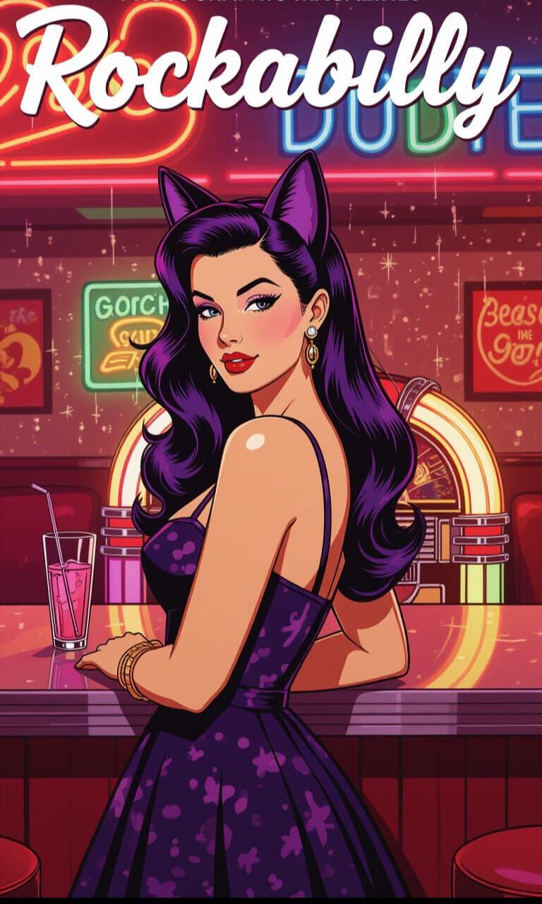 Rockabilly Fashion Ad Illustration with Neon Diner