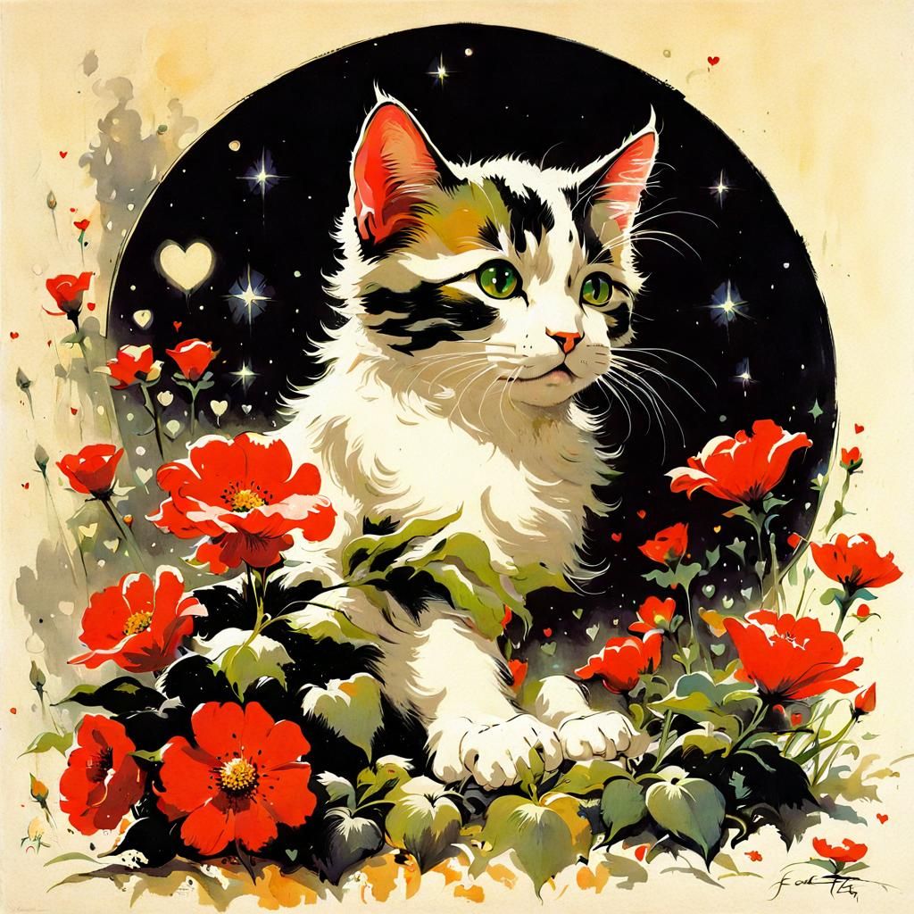 Cat Surrounded by Flowers in Fantasy Art Style
