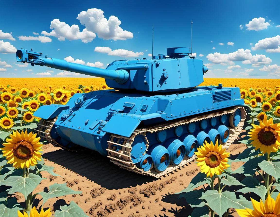 Blue Tank in Sunflower Field, Detailed 8K
