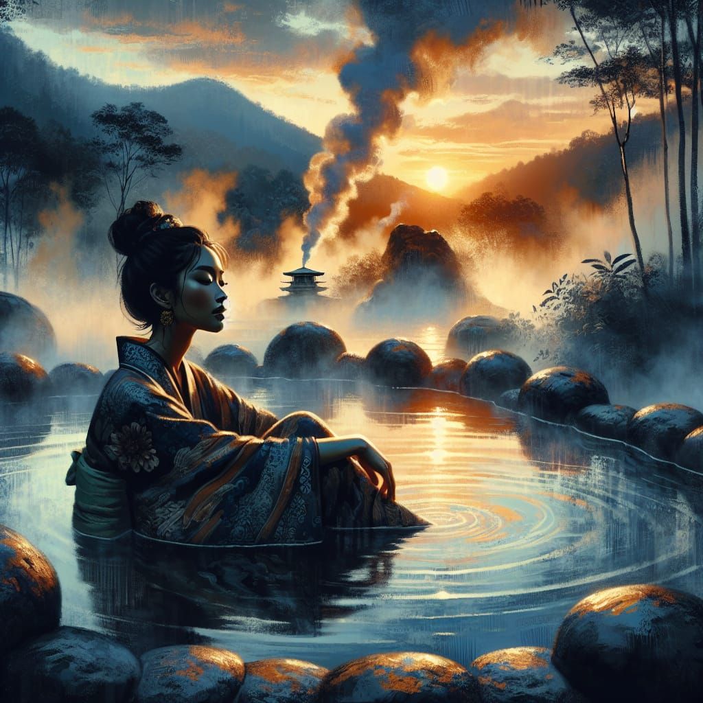 Woman Relaxing in Geothermal Pool, Japanese Art Style