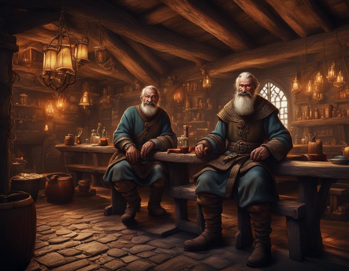 Grinning Old Man in Medieval Inn: Fantasy Art