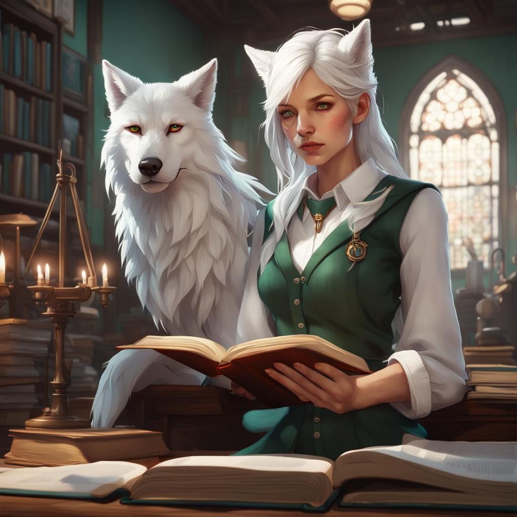 Wolf-Eared Student Reading: Hyperdetailed Concept Art