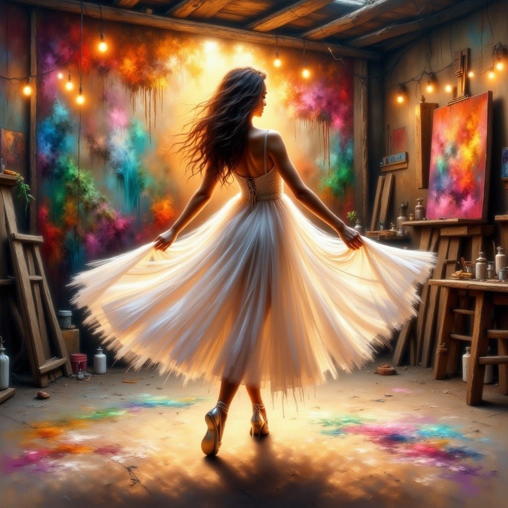 Ballerina in White Gown in Art Studio