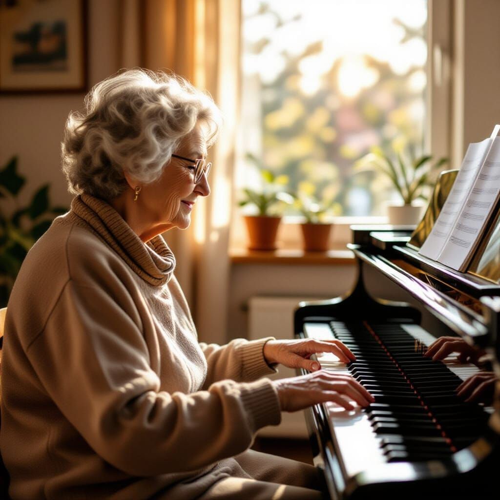 Elderly Woman Learns Piano in Morning Light