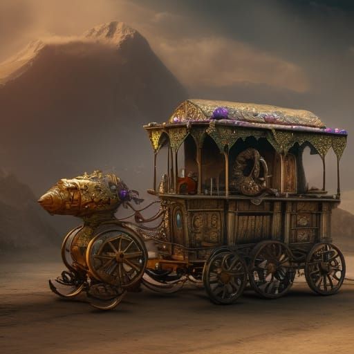 Steampunk Gypsy Wagon with Cyberpunk Aesthetics