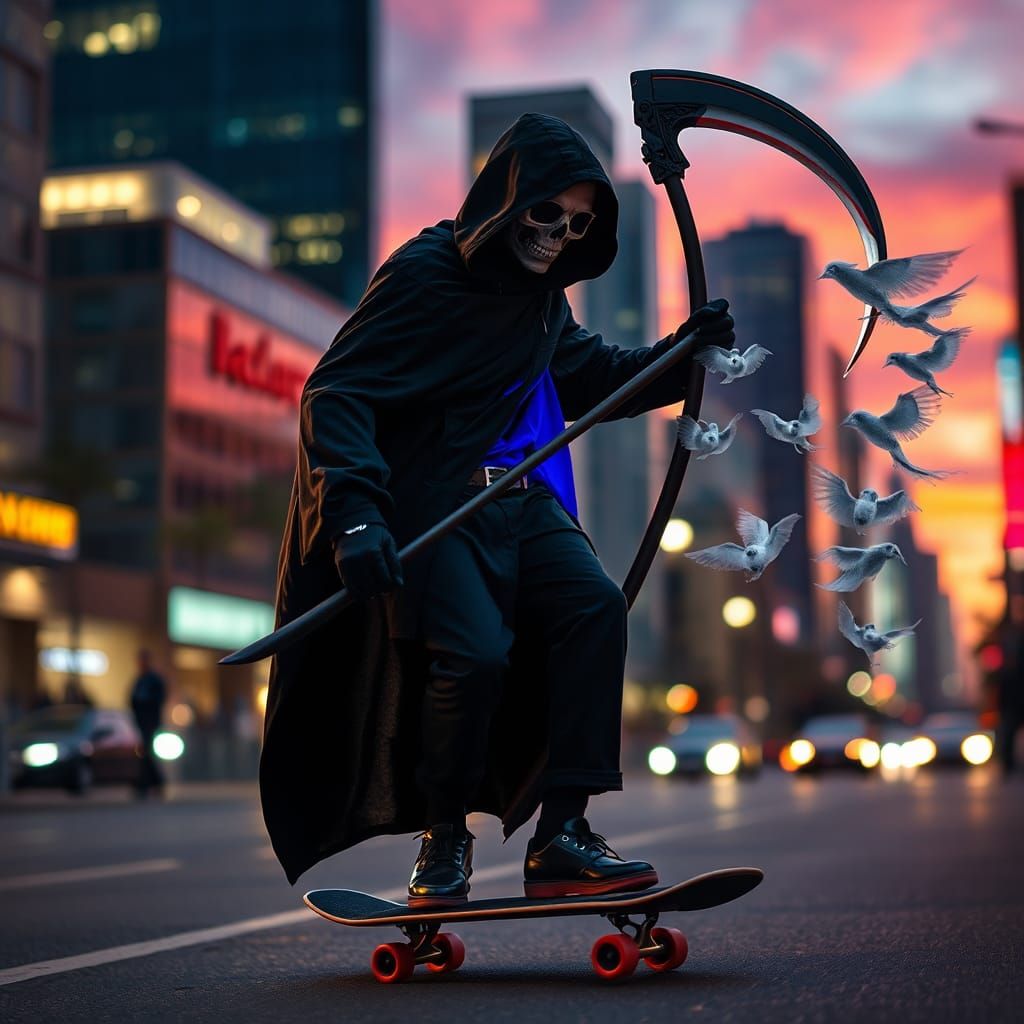 Grim Reaper Skateboards Through City at Dusk