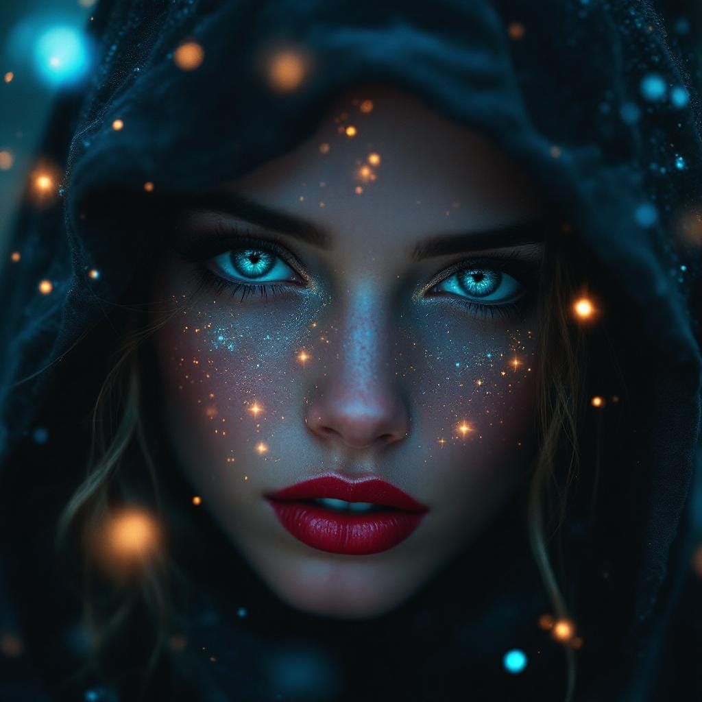 Cosmic Woman Portrait with Glowing Nebula Textures