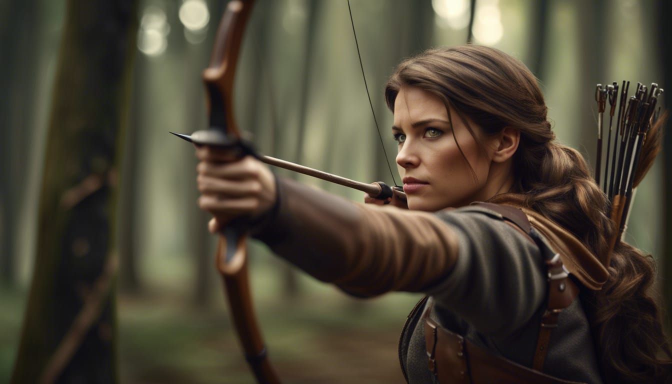 Female Archer Hunting in Forest, Realistic Detail