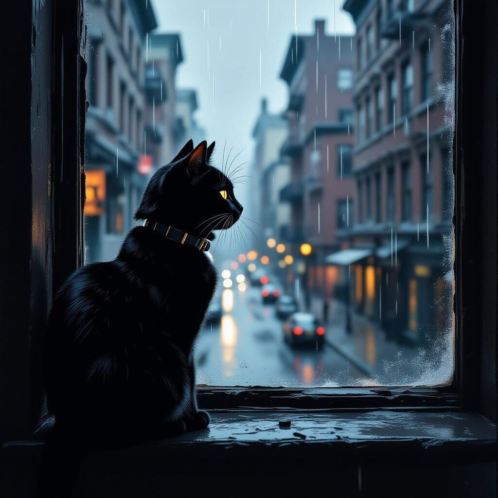 Black Cat Gazes at Rainy City Street in Noir Style
