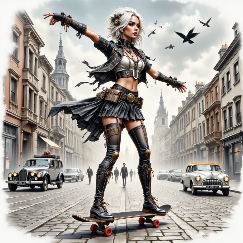 Steampunk Skateboarder Girl's Acrobatic Trick in Watercolor