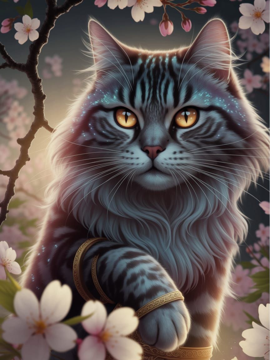 Regal Feline Beauty in Cherry Blossom Glow