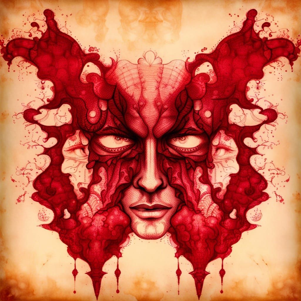 Intricate Red Ink Rorschach Test with Hidden Face