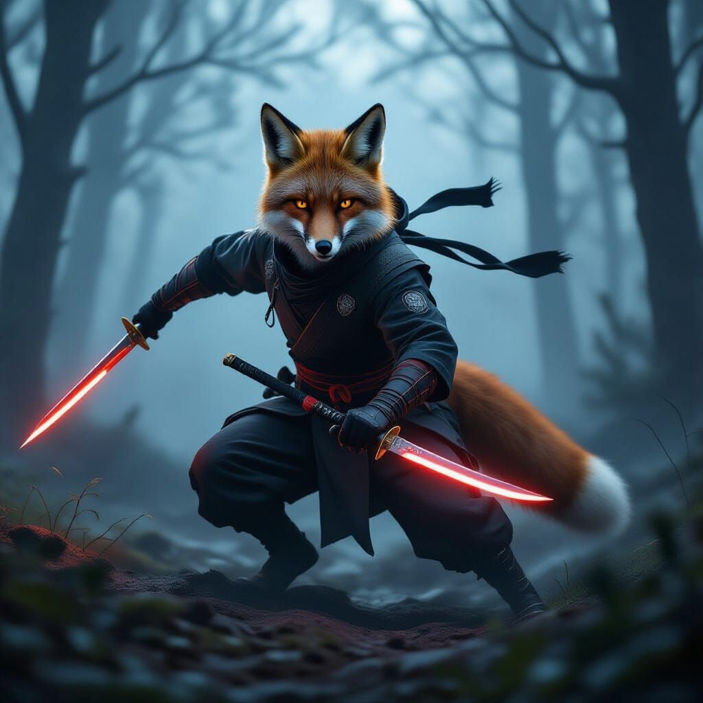 Fox Ninja with Glowing Blades in Dark Forest