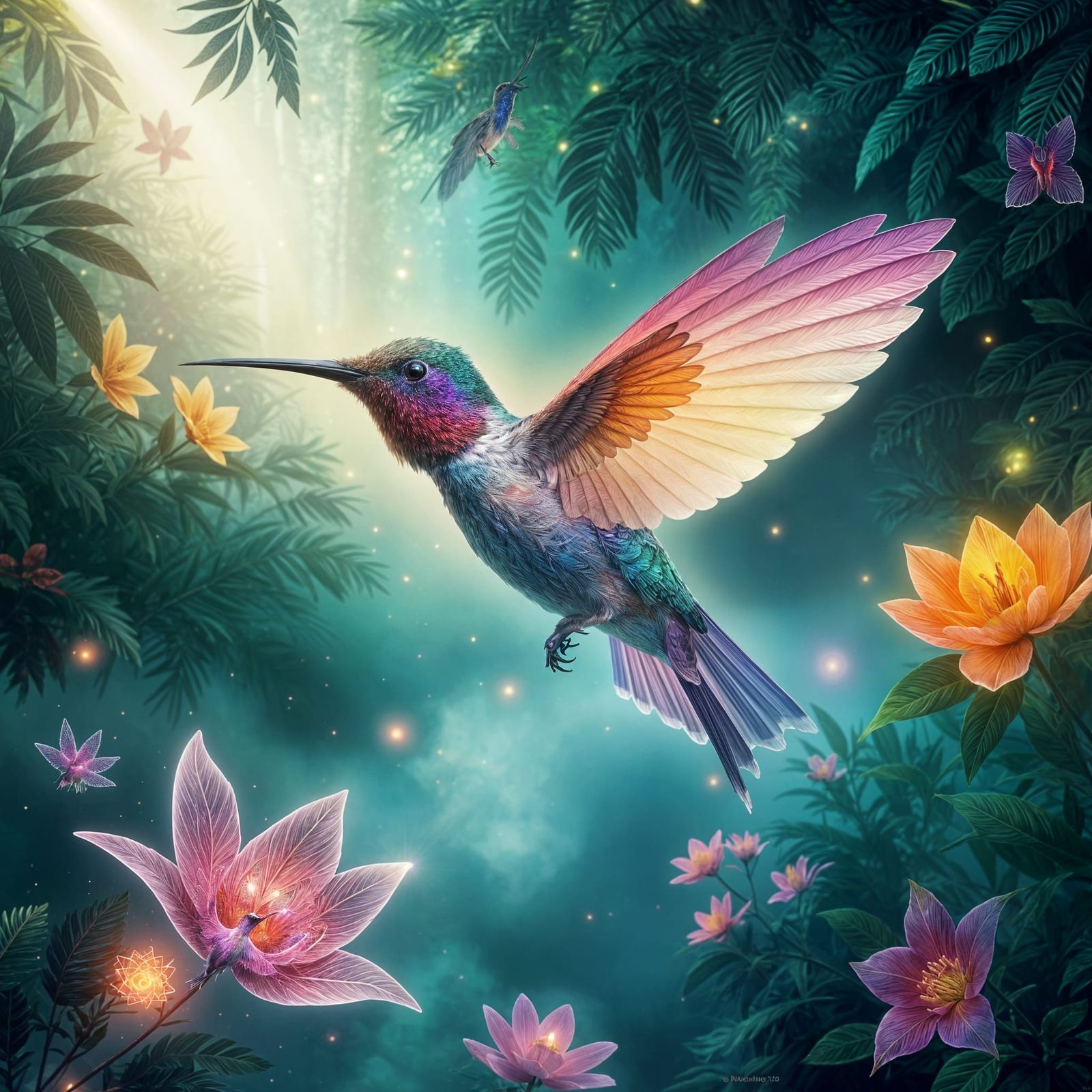 Bioluminescent Hummingbird in Dreamscape Rainforest