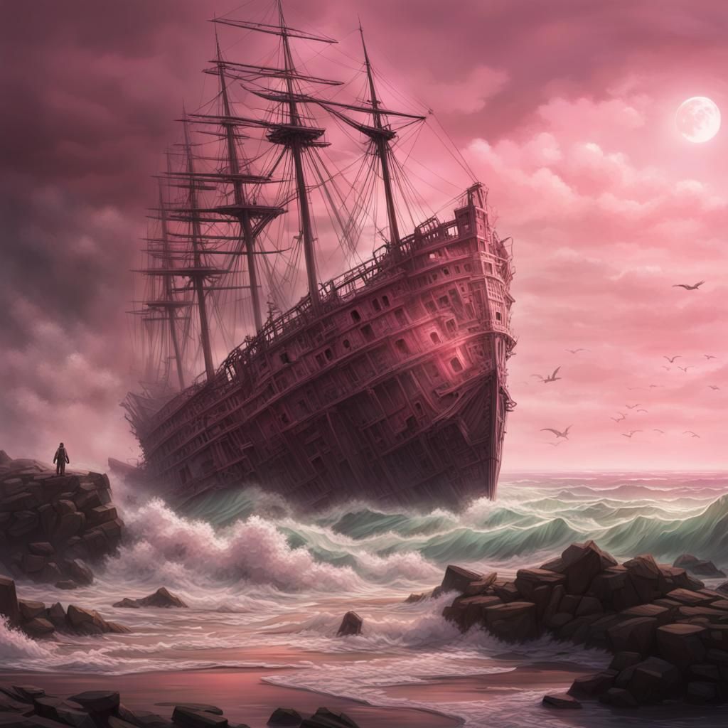 Light Pink Shipwreck in Digital Matte Painting Style