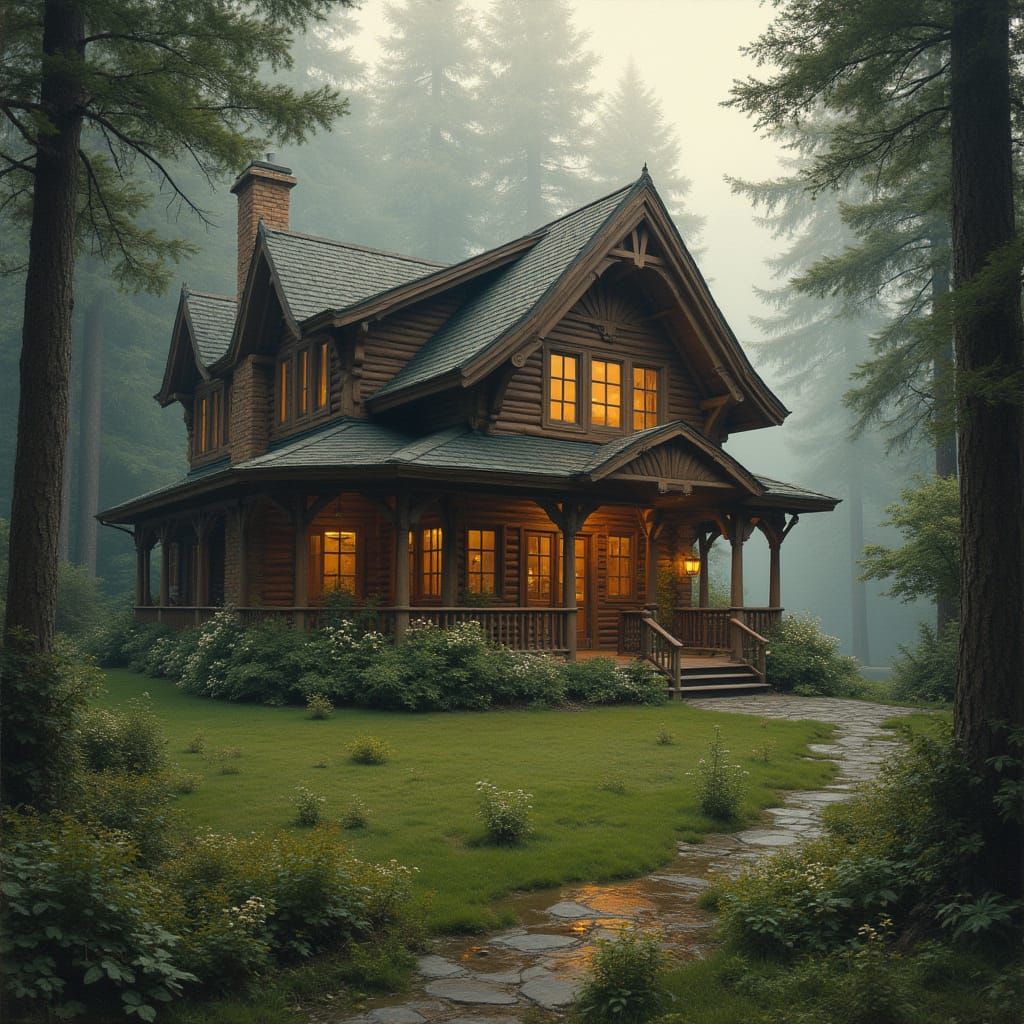 Luxurious Wooden Cabin in Enchanted Forest Landscape