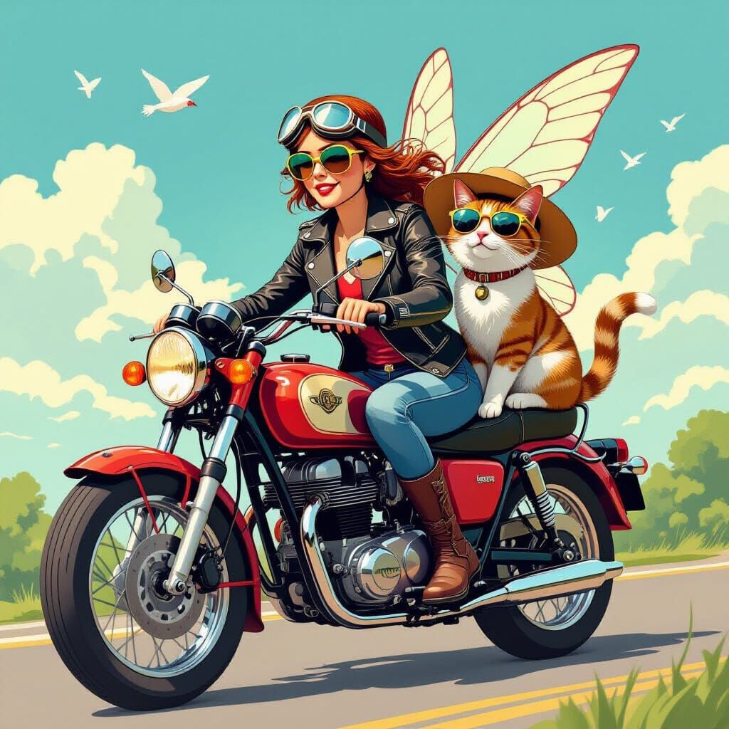 Fairy on Motorcycle with Cat in Whimsical Style