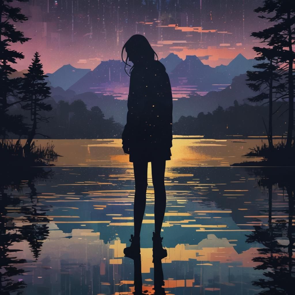 Pixelated silhouette of girl in front of the lake at night