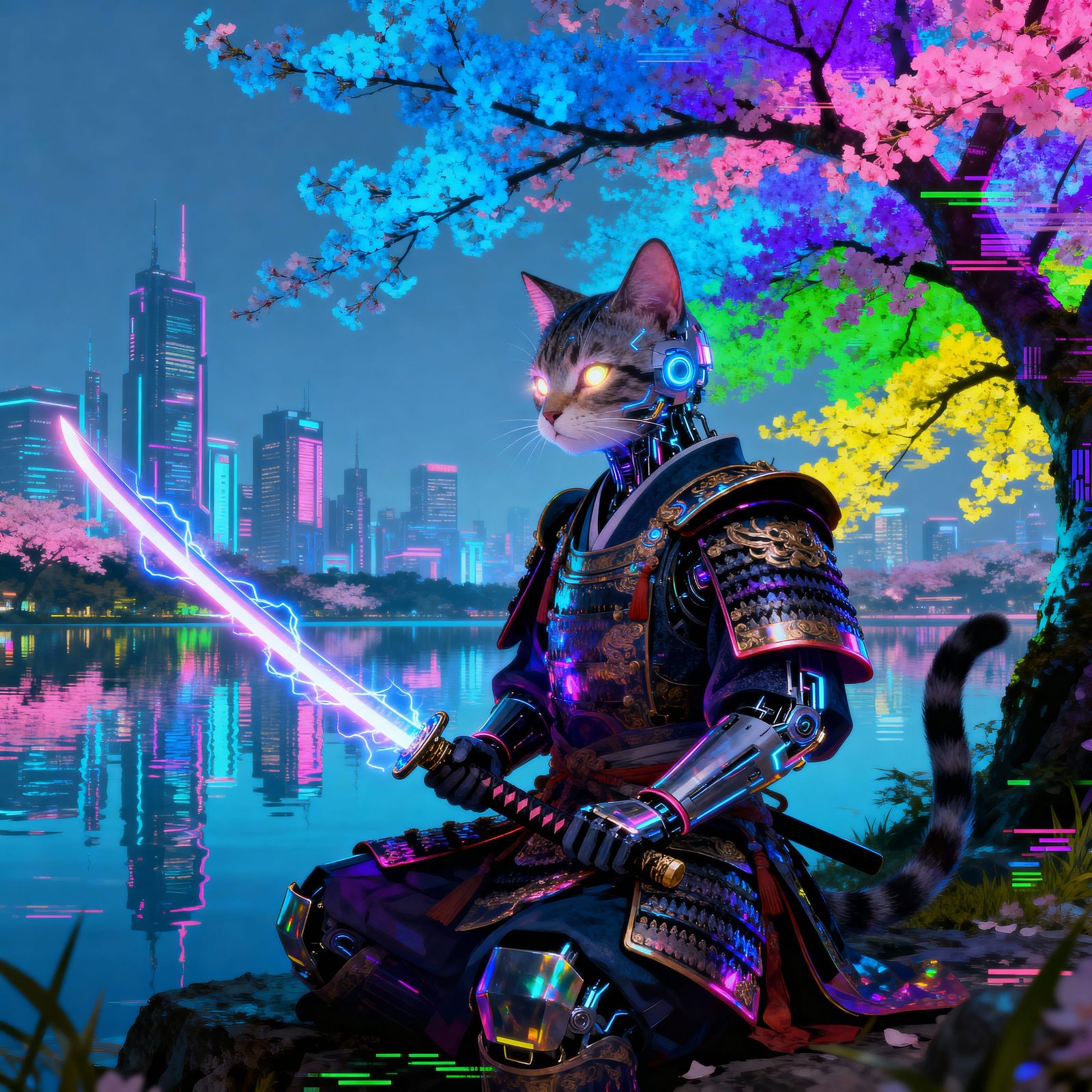 Cyberpunk Cat Warrior with Electric Katana in Neon City