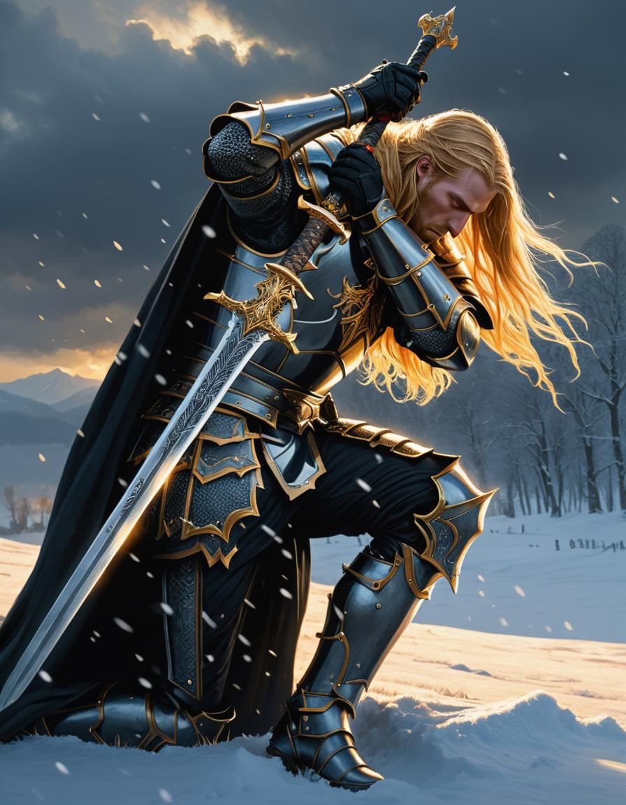 Knight Kneeling in Snowy Field: Dark Fantasy Art